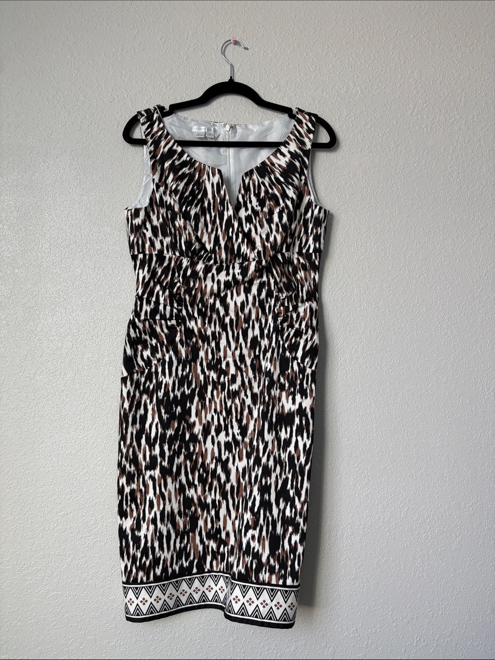 London Times Animal-Print Midi Sheath Dress in Black, White and Brown